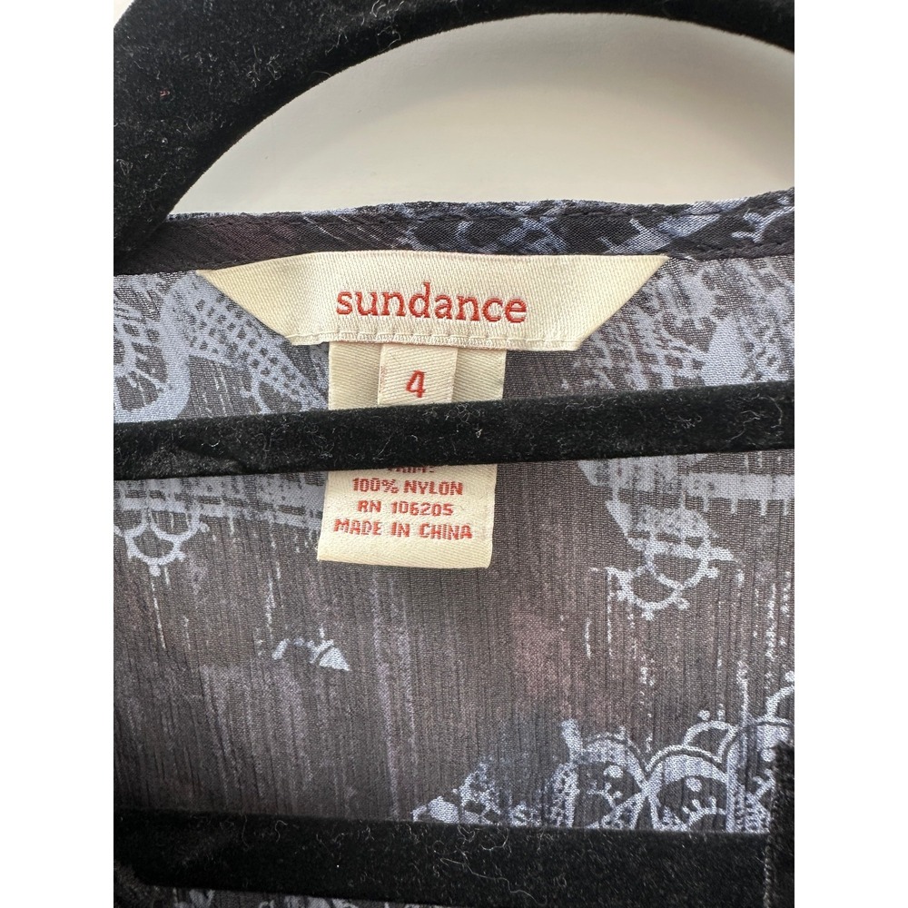 Sundance Silk Semi Sheer Blouse Velvet Trim Boho Print Top Blue Womens Size 4 - Picture 6 of 8